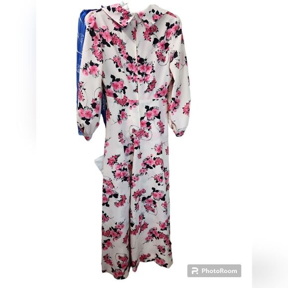 70s Floral Pink Black White Vintage Maxi Dress Gown Puff SleeveβPeterPan Collar - Picture 5 of 5